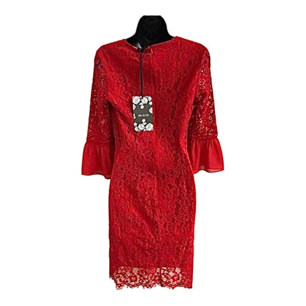 Ava Rose red lace peplum bell sleeve embroidered fitted sheath dress size small - Picture 12 of 12